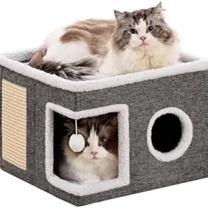 Crispedia Cat Beds for Indoor Cats, Large Cat Cave with Fluffy Ball and Scratch Pad, Foldable Cat Scratch House with Hideaway Condo for Kitten,16x16x13inch,Grey : Pet Supplies