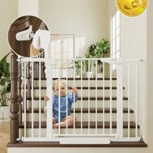 Cumbor 29.7-46" Baby Gate for Stairs, Toddler Safety Essentials for The House, Auto Close Dog Gate for Doorways, Mom's Choice Awards Winner-Easy Install Pressure Mounted Pet Gates for Dogs, White : Baby