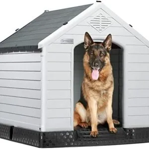LEMBERI Durable Waterproof Plastic Dog House for Small to Large Sized Dogs, Indoor Outdoor Doghouse Puppy Shelter with Elevated Floor, Easy to Assemble (Gray, 42''L*38''W*39''H) : Pet Supplies
