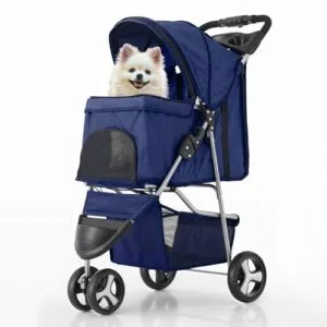 MoNiBloom 3 Wheels Pet Stroller, Foldable Dog Cat Cage Jogger Stroller with Weather Cover for All-Season, Storage Basket and Cup Holder, Breathable and Visible Mesh for Small/Medium Pets, Blue : Pet Supplies