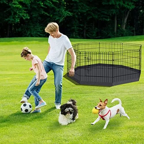 Dog Pen Pet Playpen Dog Fence Indoor Foldable Metal Wire Exercise Puppy Play Yard Pet Enclosure Indoor Outdoor 8 Panels 24 Inch with Bottom Pad/Top Cover (Black with Bottom pad) : Pet Supplies - Image 3