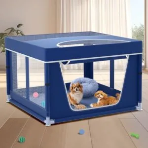 42x42x26 Inches Puppy Playpen with Top Cover, Dog Playpen for Small or Puppy, DogFence Pet Playpen for Indoor & Outdoor, Sturdy Safety Dog Pen with Durable Mesh Windows, Blue : Pet Supplies