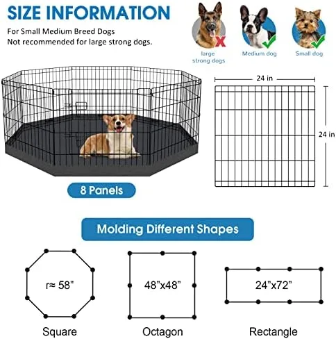 Dog Pen Pet Playpen Dog Fence Indoor Foldable Metal Wire Exercise Puppy Play Yard Pet Enclosure Indoor Outdoor 8 Panels 24 Inch with Bottom Pad/Top Cover (Black with Bottom pad) : Pet Supplies - Image 2