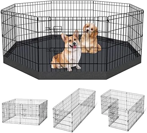 Dog Pen Pet Playpen Dog Fence Indoor Foldable Metal Wire Exercise Puppy Play Yard Pet Enclosure Indoor Outdoor 8 Panels 24 Inch with Bottom Pad/Top Cover (Black with Bottom pad) : Pet Supplies