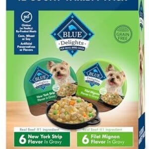 Blue Buffalo Delights Natural Adult Small Breed Wet Dog Food, Variety Pack, Made with Natural Ingredients, Filet Mignon & New York Strip Recipe in Hearty Gravy, 3.5-oz. Cups (12 Count, 6 of Each)