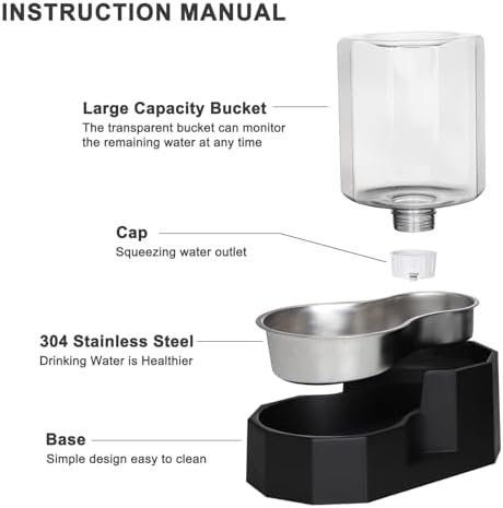 Pet Supplies Sfozstra Gravity Water Bowl Dispenser : Automatic 5L Black Cat Stainless Steel Feeder Without Filters for Pets Indoor/Outdoor by Owners : - Image 3