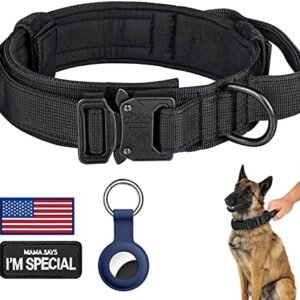 DAGANXI Tactical Dog Collar, Adjustable Military Training Nylon Dog Collar with Control Handle and Heavy Metal Buckle for Medium and Large Dogs, with Patches and Airtags Case (L, Black) : Pet Supplies