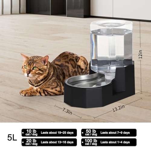 Pet Supplies Sfozstra Gravity Water Bowl Dispenser : Automatic 5L Black Cat Stainless Steel Feeder Without Filters for Pets Indoor/Outdoor by Owners : - Image 2